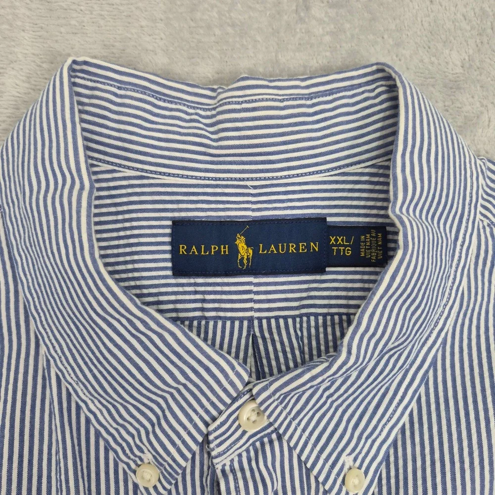 Ralph Lauren Short Sleeve Mens XXL Blue White Striped Seersucker Shirt Pink Pony